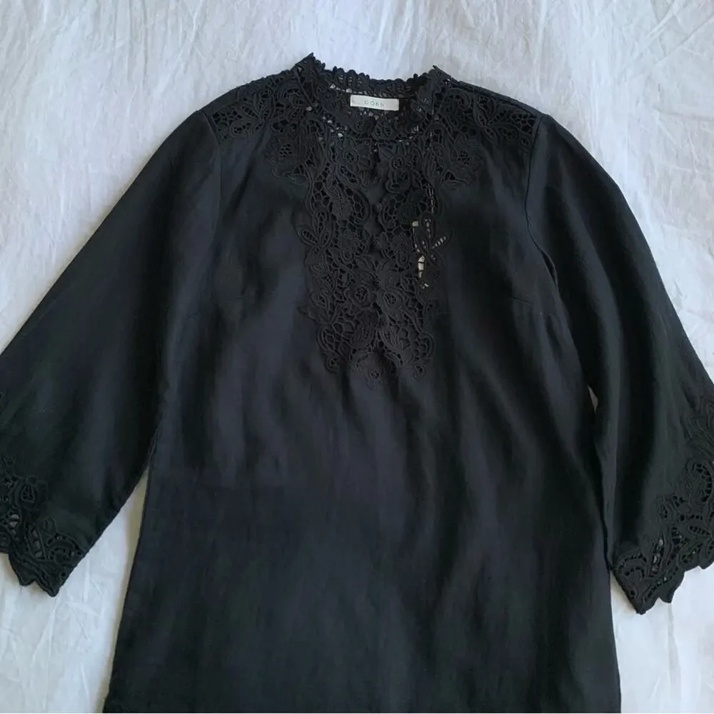 NWT Doen Roselie Linen Lace Crochet Collar 3/4 Sleeve Tunic Mini Dress Black - Picture 10 of 16